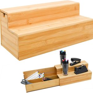 Bamboo Organiser with Drawer, 36 x 17 x 16 cm Wooden Drawer Box, Desk Organiser Box