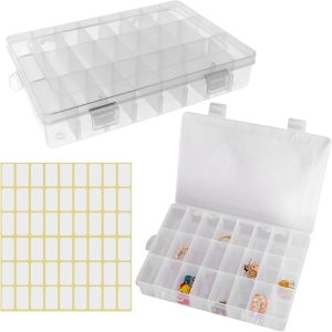 2 Pack 24 Grids Clear Plastic Organizer Box, Storage Container with Adjustable Divider, Craft and Bead Storage Organizer Box for  Crafts Jewelry Fishing Tackles with 1 Sheets Label Stickers
