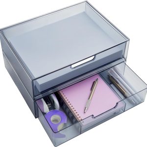 Plastic Stackable Organizer Drawers in Classic Grey | 12.5" Wide | Set Includes One Open Drawer & One 3-Compartment Drawer | Organize Office Desk Accessories & Sort Paper | Made in USA