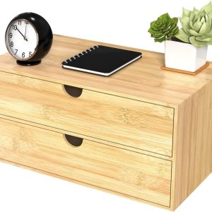 Bamboo Desk Organizer with 2 Drawers, Wooden Countertop Drawers Organizer, Tabletop Storage Organization Box for Office & Home, No Assembly Needed